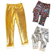 Esaierr Toddler Girls Metallic Leggings Pants for Baby Kids Autumn Faux Leather Leggings Shiny Footless Tights Pants Stretch Leggings Tights